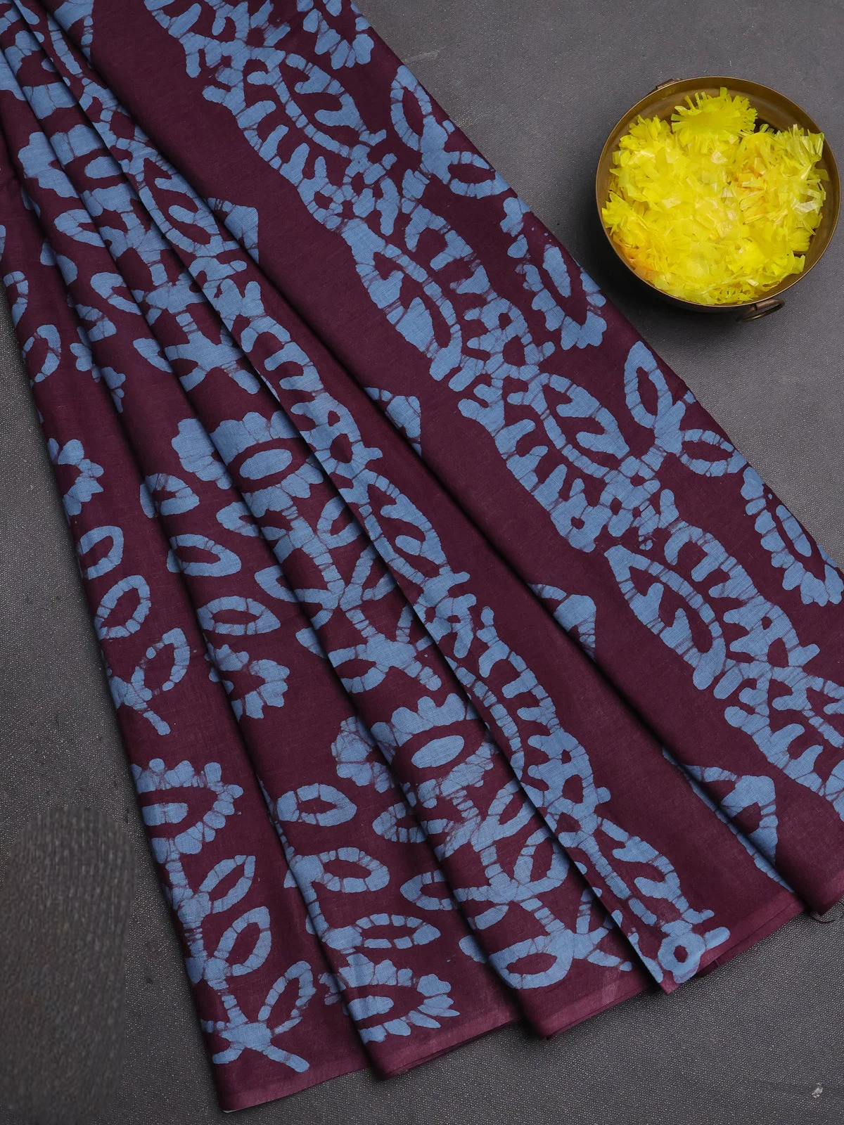 Batik Cotton Printed Saree - Wine shade and Blue